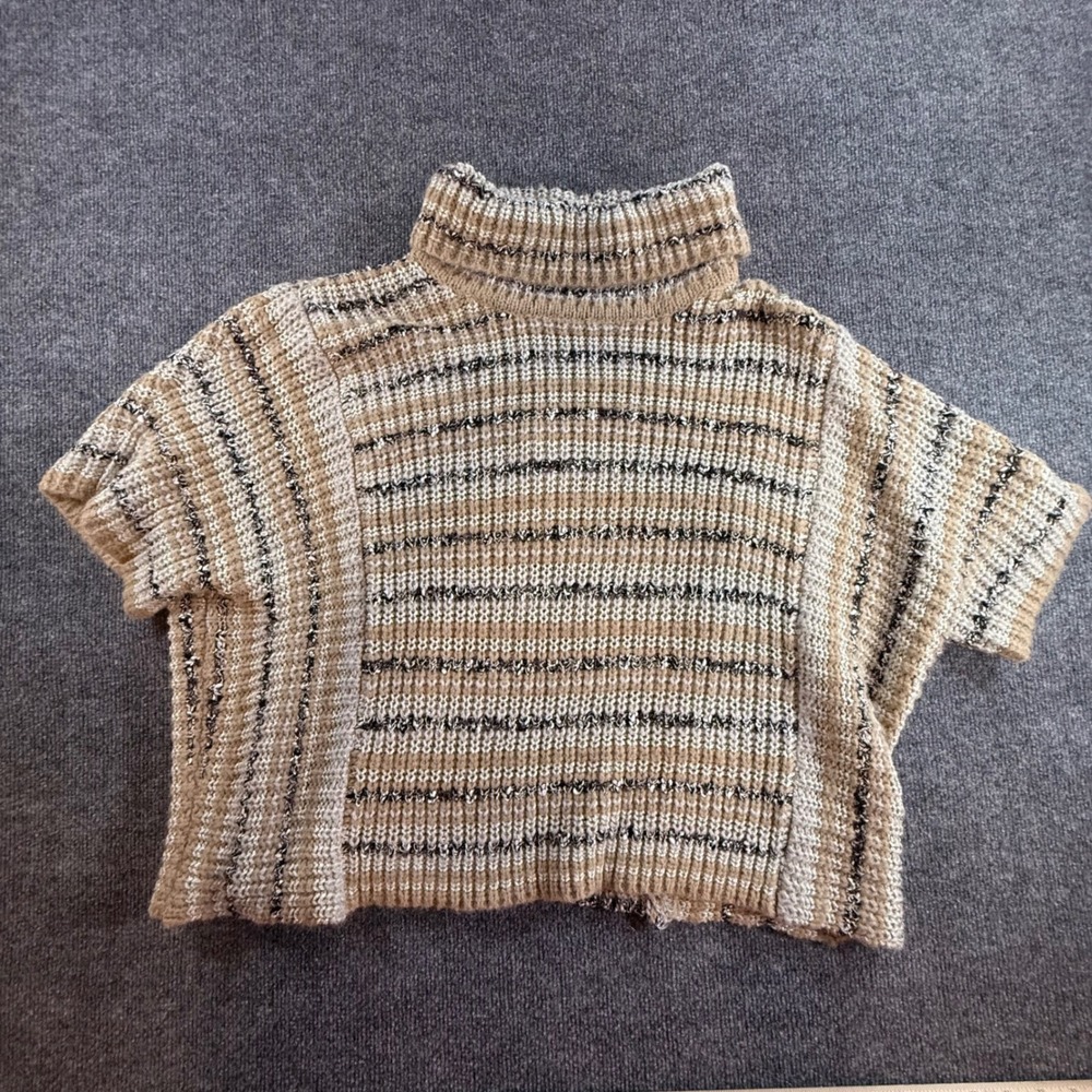 Ee:some Los Angeles Women Brown Striped Metallic Short Sleeve Turtleneck Sweater